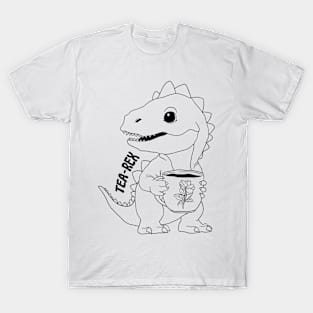 Tea Rex, T-Rex, Dinosaur, Black Line Drawing T-Shirt